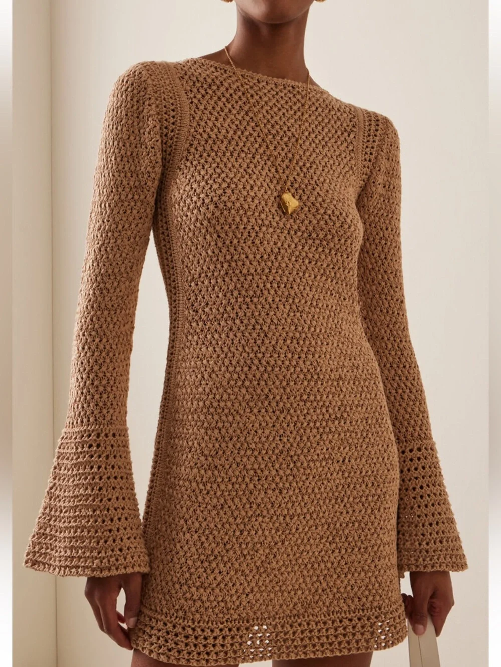 Jane Birkin Significant Other Brown Crocheted Long-Sleeve Mini Dress US4 - Picture 7 of 7